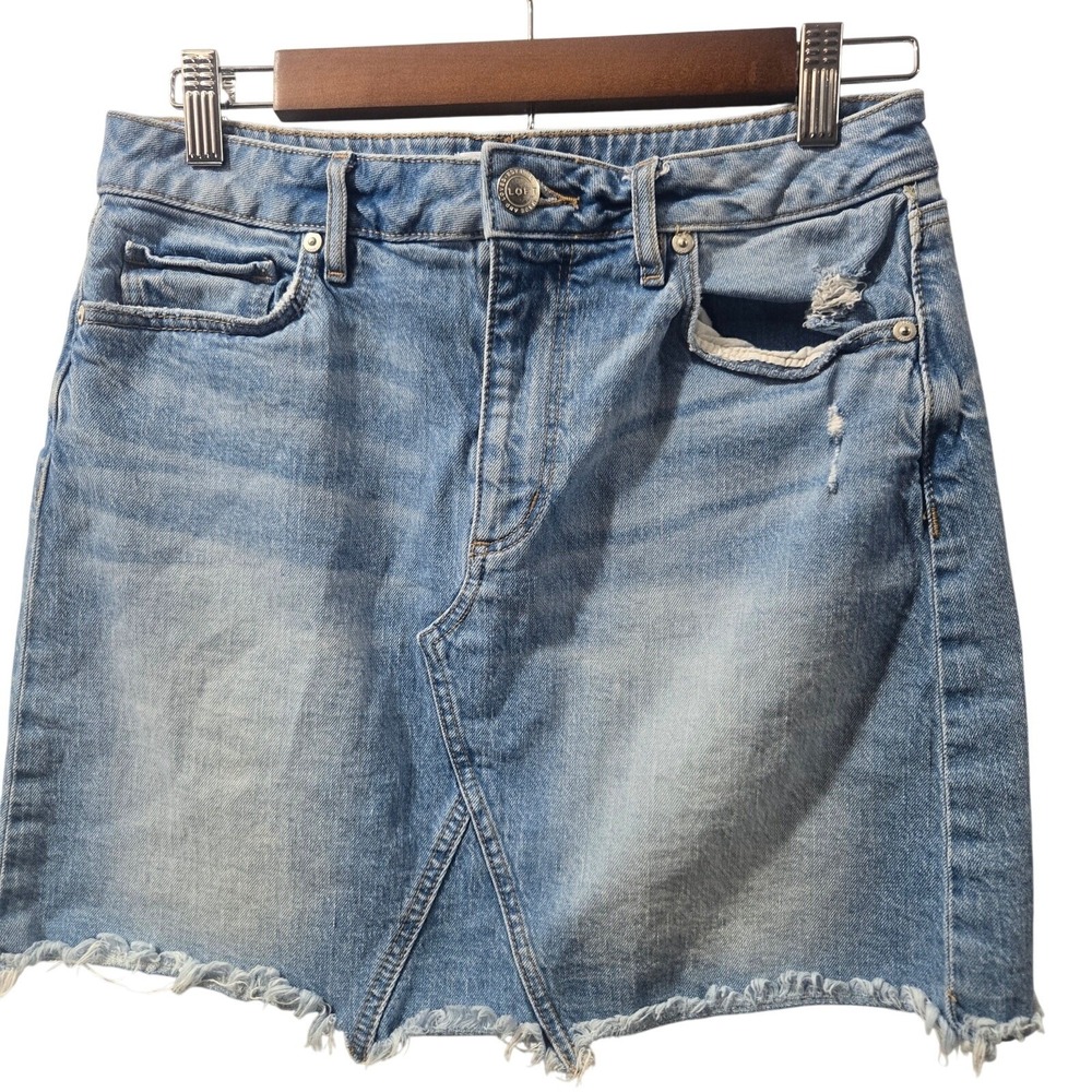 LOFT Womens Light Wash Distressed Denim Mini Skirt Raw Hem Size 4 Blue Jean
